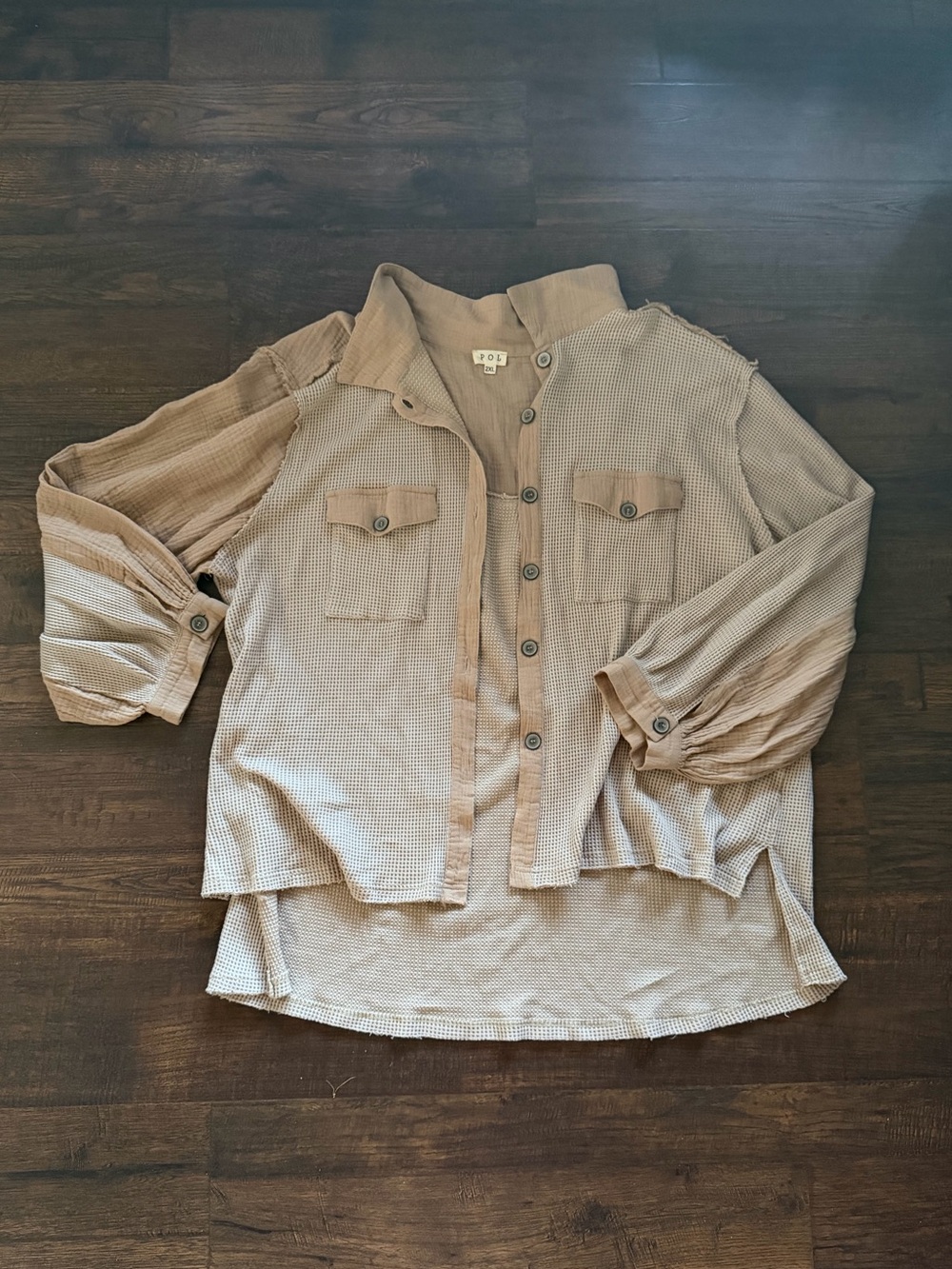 POL Waffleknit Cream Tan Shacket Jacket Women’s Button Up Size 2XL
